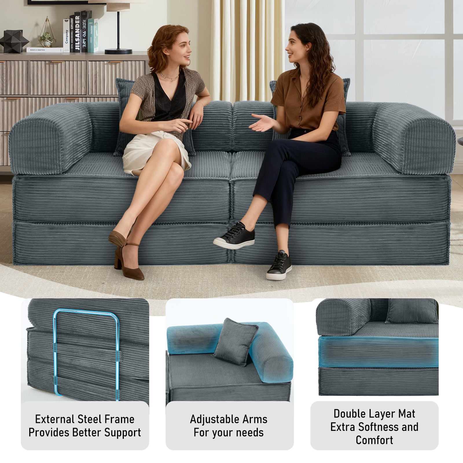 Convertible Sleeper Sofa Bed Grey Modular Corduroy Couch 2 Pillows_voghion.com